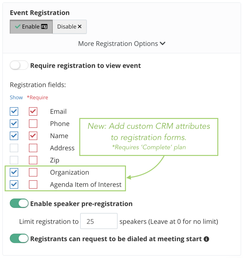 Toggle custom registration fields, including CRM custom attributes